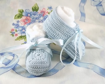 Baby Blue Baby Boy Lace Ups Baby Blue Ribbon 3-6 months Cotton Thread Crochet Handmade