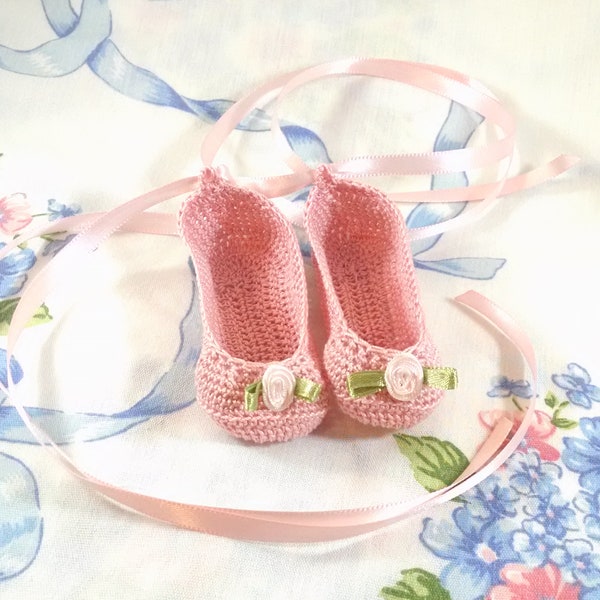 Antique Rose Baby Ballet Slippers with Pale Pink Ribbon Roses Antique Rose Ribbon Ties 0-3 Months Fit Reborn Dolls