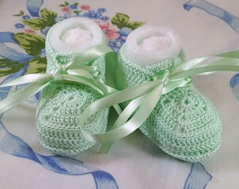 Mint Green Thread Crochet Lace Ups Unisex Baby Shoes with Mint Green Satin Ribbon Laces 3-6 Months Handmade