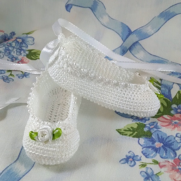 White Thread Crochet Baby Ballet Slippers With Faux Pearls White Ribbon Roses and White Ribbons 0-3 Months Handmade Crochet