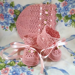 Traditional Bonnet and Booties Set in Antique Rose Thread Girl 0-3 Mos. Handmade Crochet Satin Ribbon and Pink Rose Accents