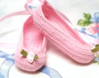 Pink Thread Ballet Slippers Baby Girl Pink Rose Pink Ribbon 0-3 Months Reborn Dolls Crocheted