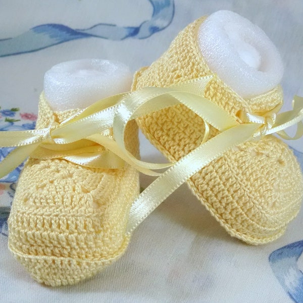 Yellow Thread Crochet Lace Ups Unisex Baby Shoes with Yellow Satin Ribbon Laces 0-3 Months