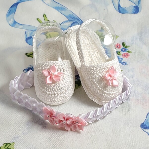 Baby Girl Sandal & Headband Set White Crochet Sandals Pink Flowers White Woven Ribbon Headband Pink Flowers 0-3 Months