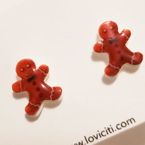 Gingerbread Man | Christmas Earrings | Metal Free Studs for Kids & Adults | Clear Clip Ons | Plastic Posts