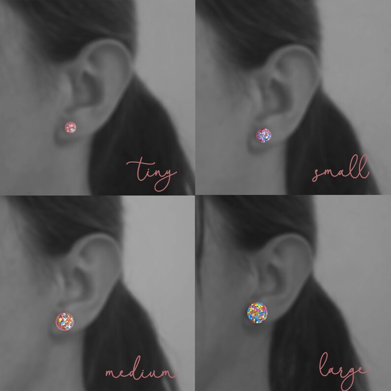 May include: Four images showing different sizes of rainbow glitter stud earrings. The earrings are shown on a model's ear. The sizes are labeled "tiny", "small", "medium", and "large".