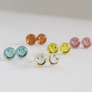 Smiley Face Earrings | Metal Free Stud Earrings | 7.5 mm | Plastic Post Earrings for Sensitive Ears | Hypoallergenic Jewelry