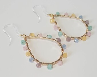 Wire Wrapped Teardrop Dangle Earrings | Pastel Beads, Metal-Free Posts
