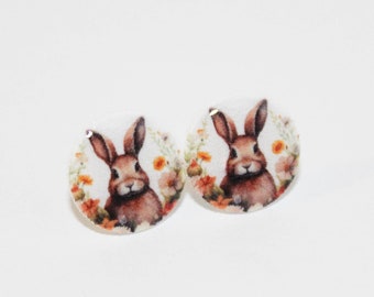 Floral Spring Brown Bunny Stud Earrings | Easter Gift | Metal Free | Non-Metal | Hypoallergenic | Rabbit Earrings