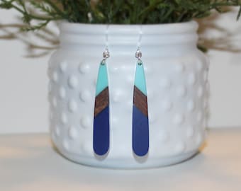 Teal, Wood, & Navy Dangle Earrings | Plastic Post Earrings | Boho | Minimalist | Gift for Her