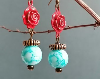 Pendientes de rosa roja, pendientes verde turquesa, pendientes colgantes simples