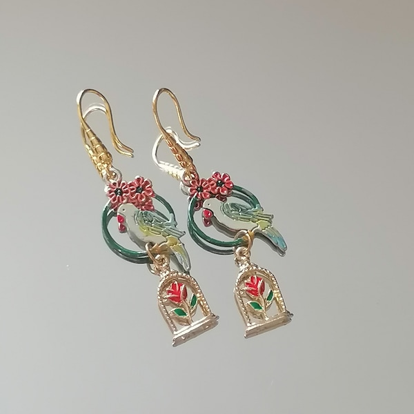 Boucles d’oreilles en cage d’oiseau, boucles d’oreilles perroquet, boucles d’oreilles d’oiseau peintes à la main, cadeau amoureux de la nature