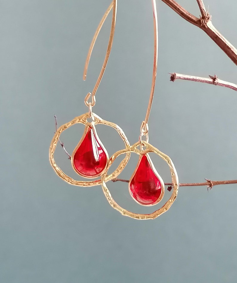 Red teardrop earrings dangle gold hoop earrings gift for mum aesthetic earrings