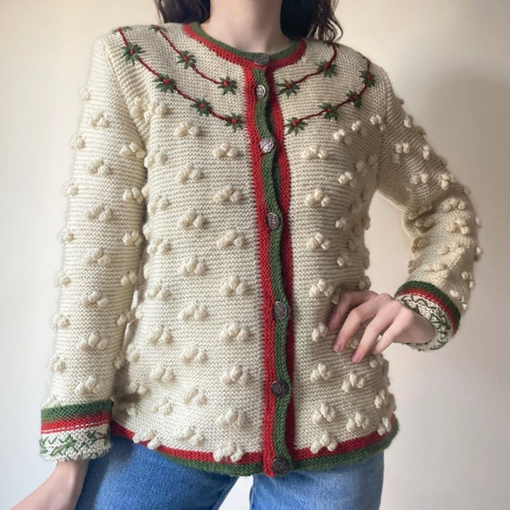 Vintage 70s Pom pom tyrolean embroidered floral c… - image 2