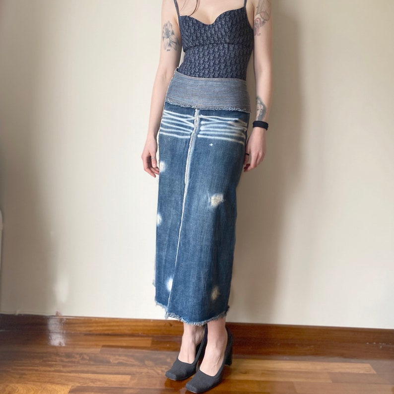 Vintage y2k maxi denim split skirt dark washed with white Etsy