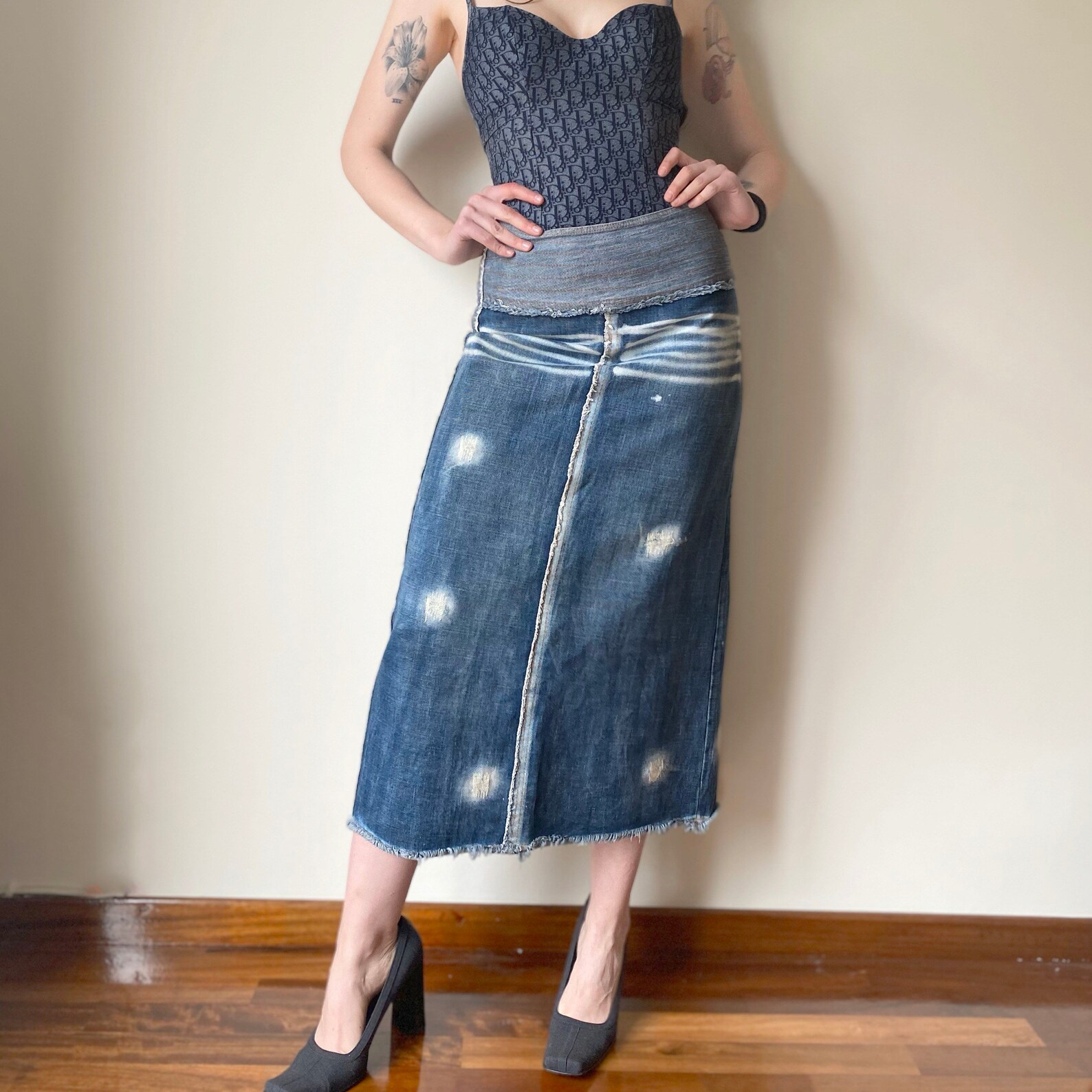 Vintage y2k maxi denim split skirt dark washed with white | Etsy