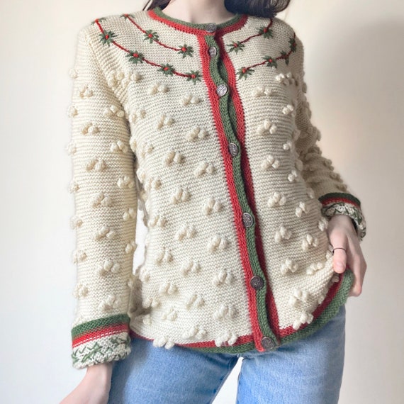 Vintage 70s Pom pom tyrolean embroidered floral c… - image 1