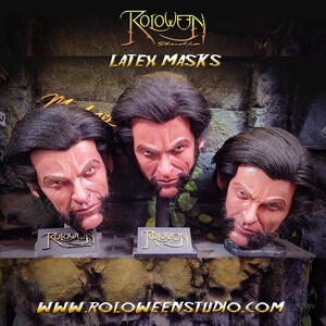 May include: Three realistic latex masks of Wolverine, a popular comic book character, are displayed on stands. The masks are made of latex and have realistic features, including hair, facial expressions, and a beard. The masks are all the same, but they are slightly different in their expressions. The masks are displayed on a dark background with the text "Roloween Studio" and "Latex Masks" visible.