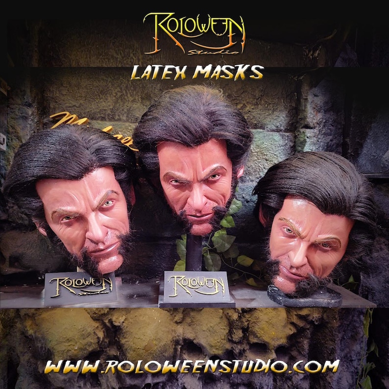 May include: Three realistic latex masks of Wolverine, a popular comic book character, are displayed on stands. The masks are made of latex and have realistic features, including hair, facial expressions, and a beard. The masks are all the same, but they are slightly different in their expressions. The masks are displayed on a dark background with the text "Roloween Studio" and "Latex Masks" visible.
