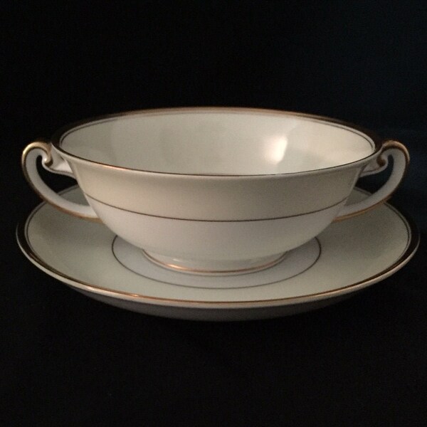 Stunning Meito China Carlton Coupe Bowl and Saucer White with Cream Band Gold Trim