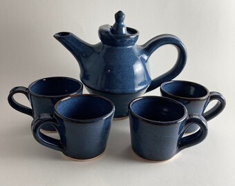 Blue Moore Pottery Teapot/ Coffee Pot & Mugs Vintage Handmade NC Blue Speckle Signed Larry Moore Cups Teacups Rustic Farmhouse Handcrafted