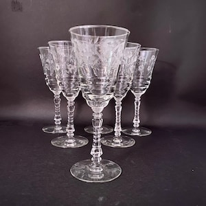 Set of 6 Water Goblets 1940 Stemware Rock Sharpe Halifax Ribbed Bowl Faceted and Stacked Stem Etched Florals Cottagecore Stemware