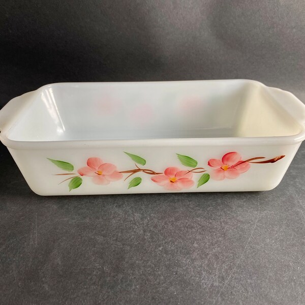 Fire King Peach Blossom Loaf Pan White Milk Glass Bakeware #409 - 1  Quart Cottage Baking and Serving Midcentury Grandmas Baking Pans Dishes