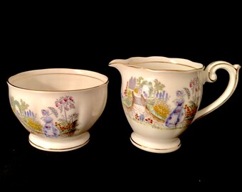 Bell England Creamer and open Sugar Bowl Pattern 2544 Lady with Parasol Strolling in Garden Hand Painted 1950  Rare and Unique