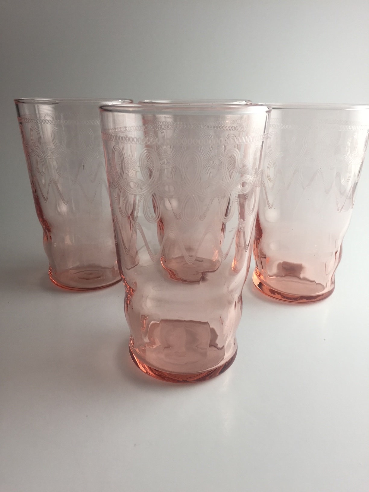 Set of 4 Pink Depression Glass Tumblers Needle Etched Looped Etsy