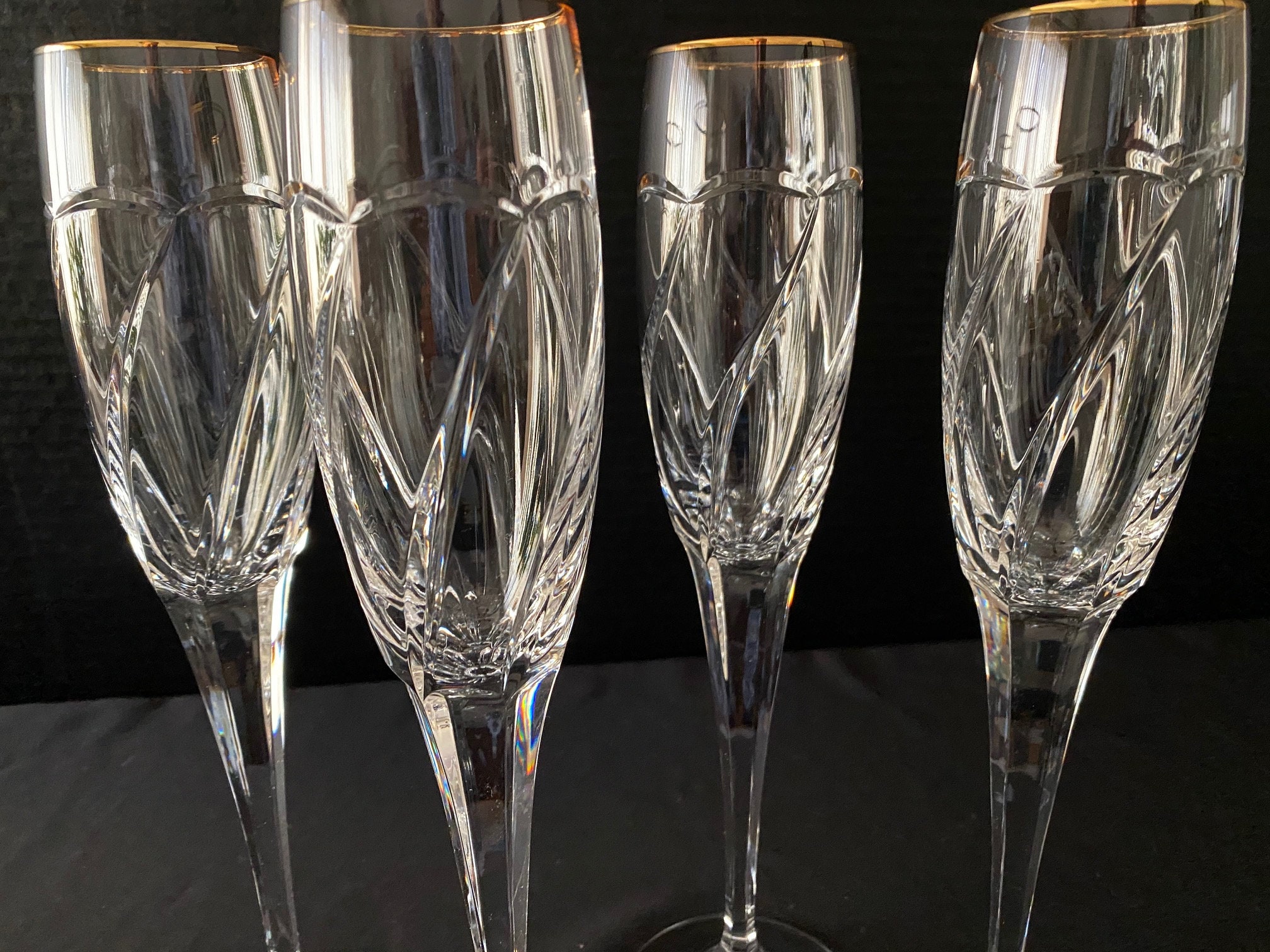 Set of 6 Mikasa Crystal Champagne Flutes Cachet Gold Swirl Cut 6 Panel Stem  Fine German Crystal Stemware Celebrations Toasting Set 