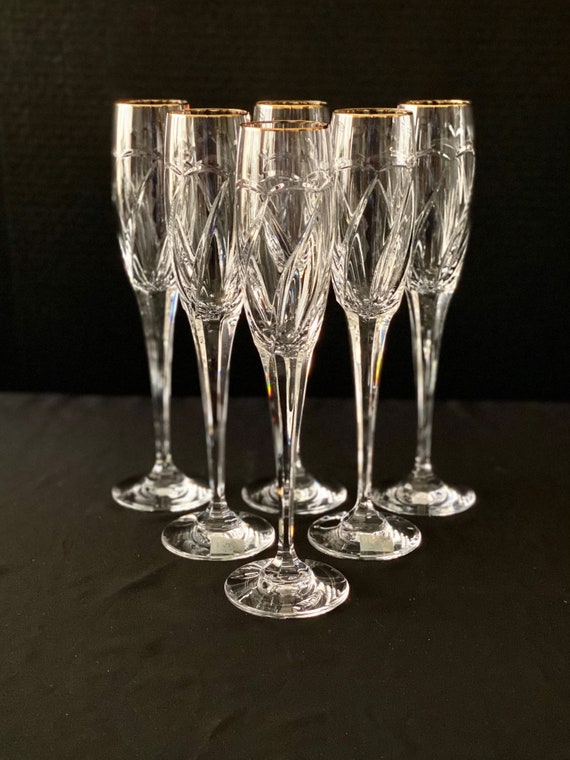 Set of 6 Mikasa Crystal Champagne Flutes Cachet Gold Swirl Cut 6 Panel Stem  Fine German Crystal Stemware Celebrations Toasting Set 