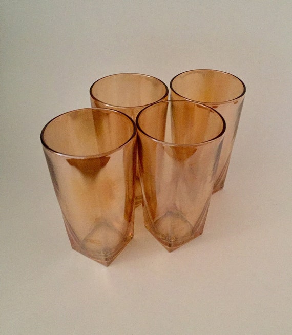 Vintage Marigold Iridescent Pitcher and 4 Tumblers Peach Luster