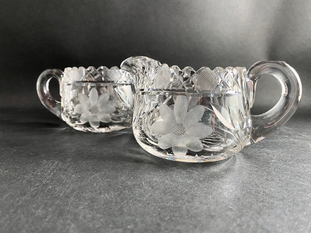 Cut Crystal Creamer and Sugar Bowl Sawtooth Edge Floral Starburst