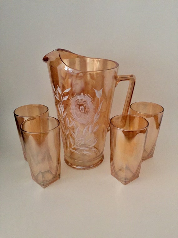 Vintage Marigold Iridescent Pitcher and 4 Tumblers Peach Luster