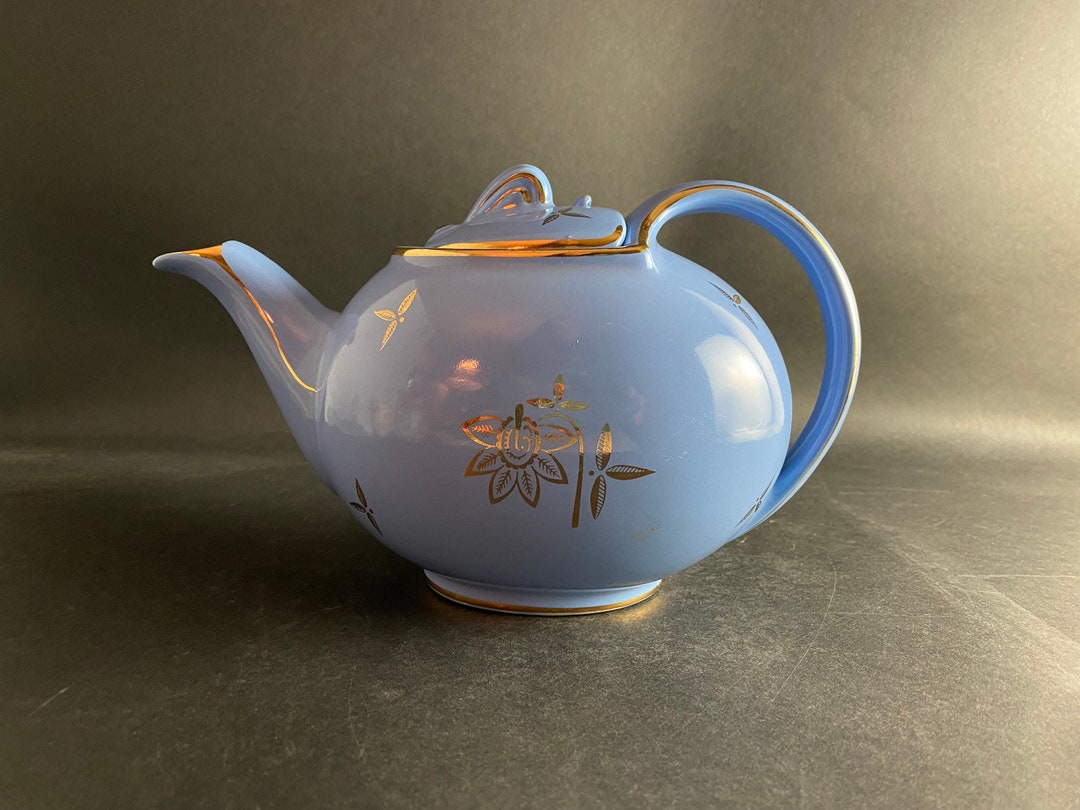Hall Hook Teapot 0749 Smooth Blue Body Gold Trim and Florals 1940's
