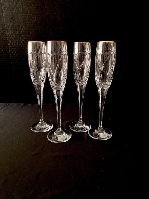 Set of 4 Mikasa Crystal Cachet Gold Champagne Flutes Fine Stemware 