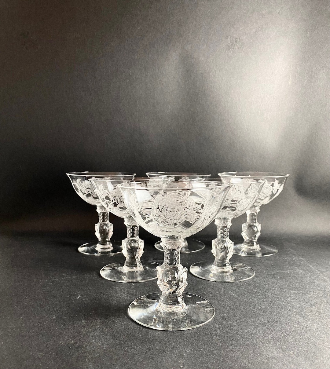 Heisey Rose Tall Champagne Coupes Set of 7 Etched Rose Molded Rose Stem 1940's Cottagecore