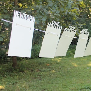May include: A series of white rectangular signs hanging on a white string, with the words "NEWBORN", "ONE MONTH", "TWO MONTHS", and "THREE MONTHS" cut out at the top. The signs are displayed outdoors against a backdrop of green foliage and grass.