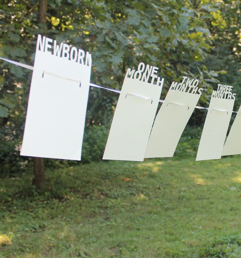 May include: A series of white rectangular signs hanging on a white string, with the words "NEWBORN", "ONE MONTH", "TWO MONTHS", and "THREE MONTHS" cut out at the top. The signs are displayed outdoors against a backdrop of green foliage and grass.