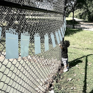 May include: A chain-link fence with light blue rectangular signs hanging from it. The signs have text that reads "Born", "One Month", "Two Months", and "Three Months". A child is reaching for the signs.