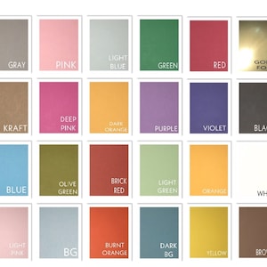 May include: A color chart featuring a variety of hues, including gray, pink, light blue, green, red, and gold foil. Additional colors include kraft, deep pink, dark orange, purple, violet, and black. Other colors are blue, olive green, brick red, light green, orange, and white.