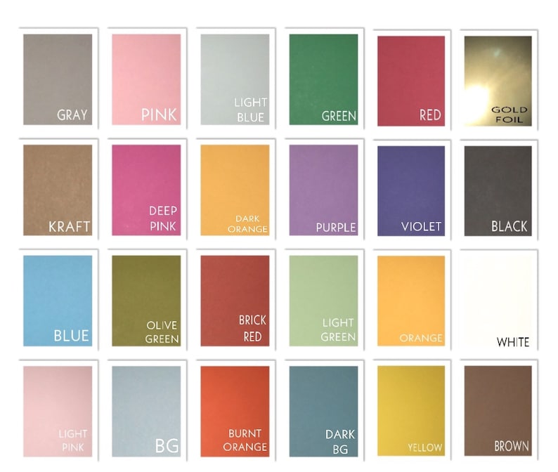May include: A color chart featuring a variety of hues, including gray, pink, light blue, green, red, and gold foil. Additional colors include kraft, deep pink, dark orange, purple, violet, and black. Other colors are blue, olive green, brick red, light green, orange, and white.