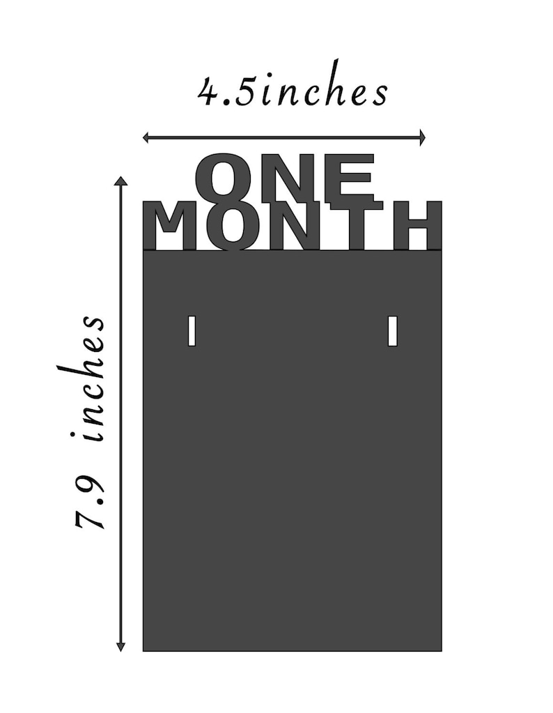 May include: A dark gray wooden sign that reads "ONE MONTH" at the top, with a rectangular chalkboard below. The sign is 4.5 inches wide and 7.9 inches tall. It has two small holes for hanging.
