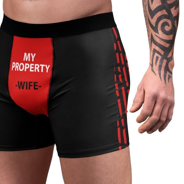 Men's Boxer Briefs My Property Wife Gift for Hunband Wedding gift Funny text Joke title Underwear for him Swimwear for Groom Black Red White