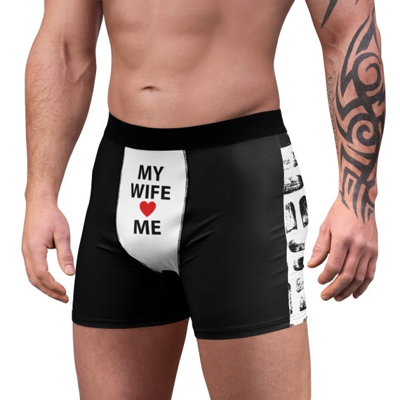Men's Boxer Briefs My Wife Love Me Red Heart Black White Satisfaction  Shorts Burly Sturdy Valentine Day Gift for Husband Brick Pattern Funny 