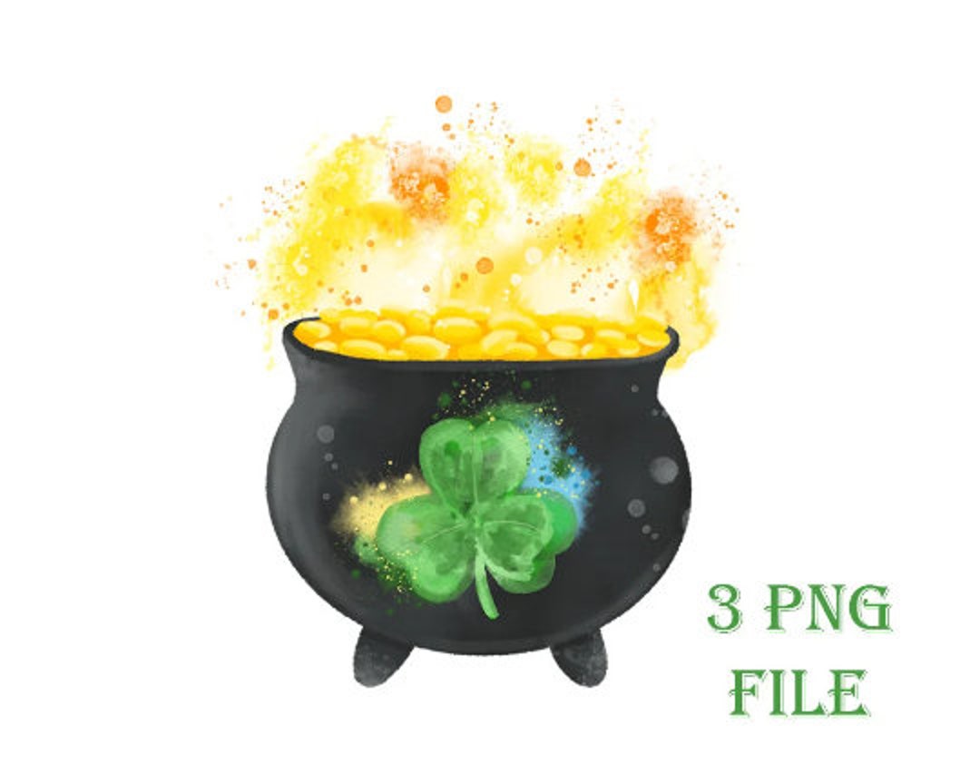 St. Patrick's Day Png, Watercolor Cauldron of Gold Coins, LUCKY Watercolor Sublimation, Green ...