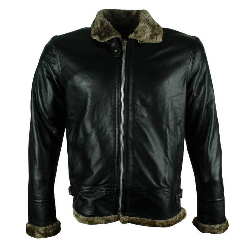 Hand Made Bomber Aviator Sheep Skin Faux Fur Black Real Leather Jacket