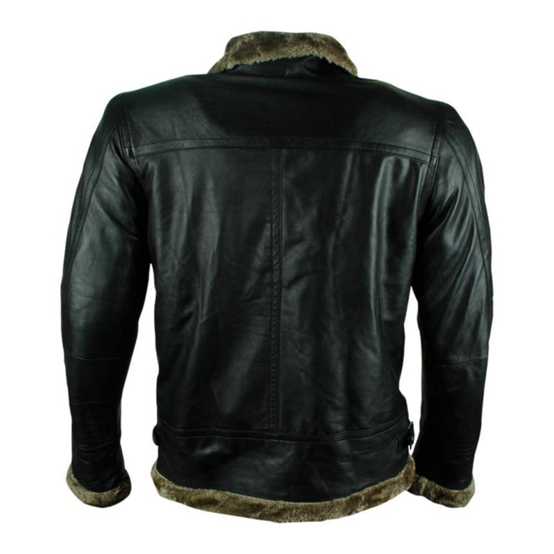 Hand Made Bomber Aviator Sheep Skin Faux Fur Black Real Leather Jacket