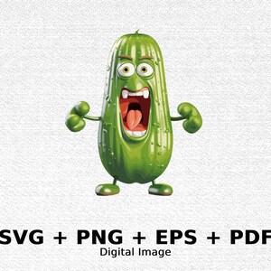 May include: A green cartoon cucumber with a wide open mouth and a tongue sticking out. The cucumber has arms and legs and is wearing a surprised expression.