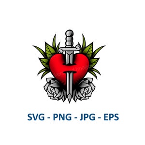 Może przedstawiać: Czerwone serce przebite srebrnym sztyletem, otoczone zielonymi liśćmi i białymi różami. Obraz przedstawia tradycyjny wzór tatuażu.